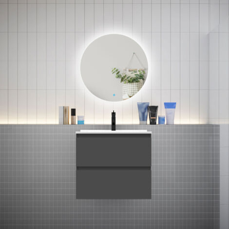 Meuble de salle de bain à 2 tiroirs avec lavabo et miroir rond multifonctionnel LED - anthracite L.60cm suspendu