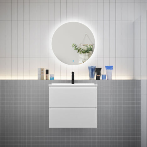 Meuble de salle de bain à 2 tiroirs avec lavabo et miroir rond multifonctionnel LED - blanc L.60cm suspendu