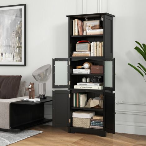 Meuble de Salle de Bain à 4 Portes 2 Compartiments Ouverts Colonne Salle de Bain Armoire Haute avec Étagères Réglables 60x30x163cm Noir