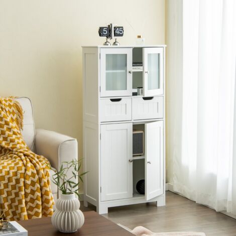 Meuble de Salle de Bain à 4 Portes 2 Tiroirs, Colonne Salle de Bain Armoire Haute avec Étagères Réglables pour Salon Cuisine 60x30x128cm Blanc DESIGN IN
