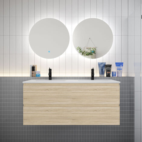 Meuble de salle de bain à 4 tiroirs avec lavabo et miroir rond multifonctionnel LED2 - chêne L.120cm suspendu