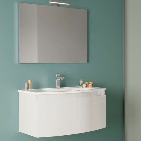 Meuble de salle de bain à deux portes avec vasque en résine miroir et lampe 80 cm Blanc Brillant - modèle Tide 3