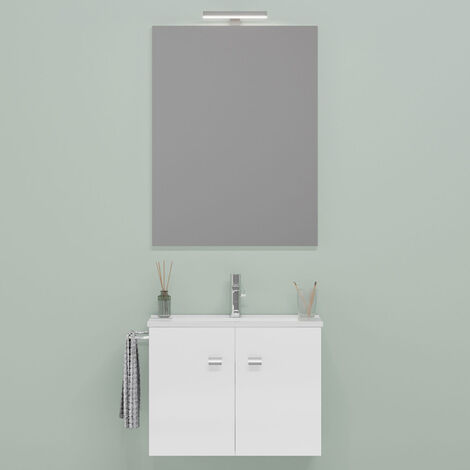 Meuble de salle de bain à deux portes avec vasque miroir et lampe 60 cm modèle Blanc Brillant-Blonde