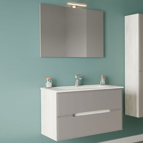 Meuble de salle de bain à deux tiroirs avec lavabo en céramique miroir et lampe 80 cm modèle Light Tortora-Fluid 2
