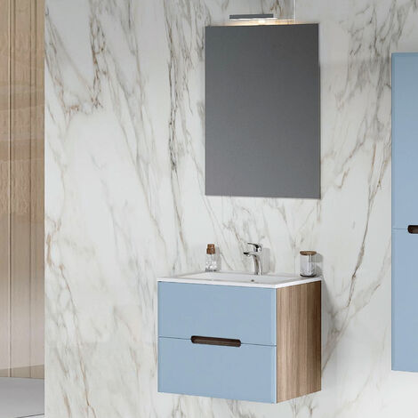 Meuble de salle de bain à deux tiroirs avec lavabo en céramique miroir et lampe cm 60 Opaque Pastel Blue-Fluid 1 modèle