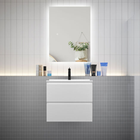 Meuble de salle de bain à deux tiroirs avec lavabo et miroir LED antibuée - blanc L.60cm suspendu