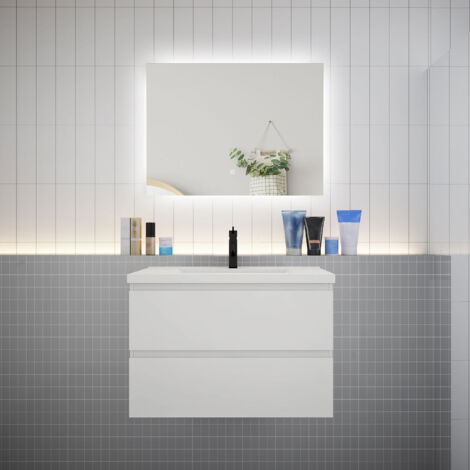 Meuble de salle de bain à deux tiroirs avec lavabo et miroir LED antibuée - blanc L.80cm suspendu