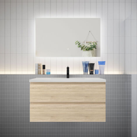Meuble de salle de bain à deux tiroirs avec lavabo et miroir LED antibuée - chêne L.100cm suspendu