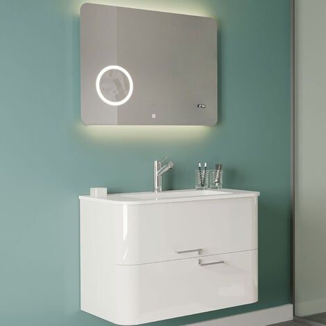 Meuble de salle de bain à deux tiroirs avec vasque en résine, miroir et lampe 80 cm - modèle Mood 2 Blanc Brillant