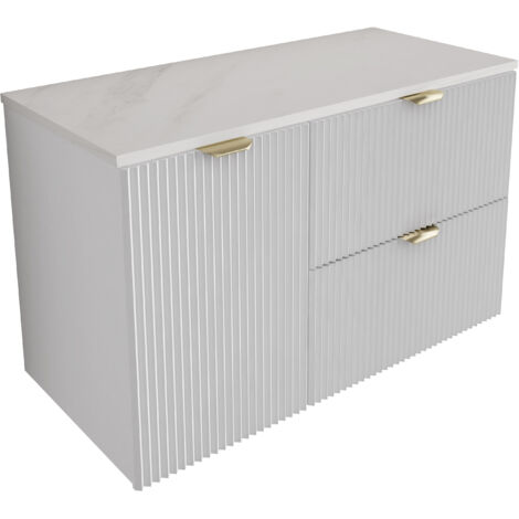 Meuble de salle de bain à façade rainurée 100 cm (60+40) avec panier à linge , blanc avec plateau en marbre (MDF) et poignée dorée , 100 × 47 × 60 cm