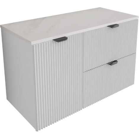Meuble de salle de bain à façade rainurée 100 cm (60+40) avec panier à linge , blanc avec plateau en marbre (MDF) et poignée noire , 100 × 47 × 60 cm