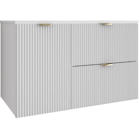 Meuble de salle de bain à façade rainurée 100 cm (60+40) avec panier à linge , blanc avec poignée dorée , 100 × 47 × 60 cm