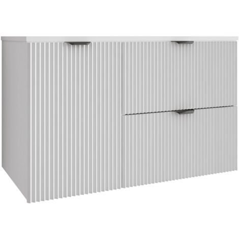 Meuble de salle de bain à façade rainurée 100 cm (60+40) avec panier à linge , blanc , poignée noire , 100 × 47 × 60 cm