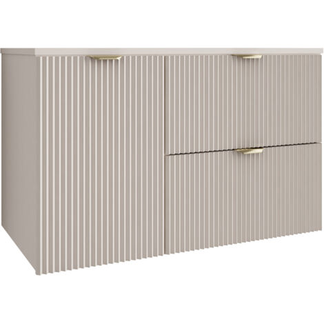 Meuble de salle de bain à façade rainurée 100 cm (60+40) avec panier à linge , cachemire avec poignée dorée , 100 × 47 × 60 cm