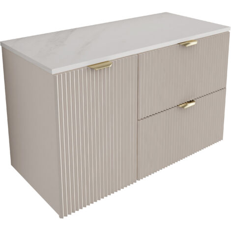 Meuble de salle de bain à façade rainurée 100 cm (60+40) avec panier à linge , cachemire , plateau en marbre blanc (MDF) avec poignée dorée , 100 × 47 × 60 cm
