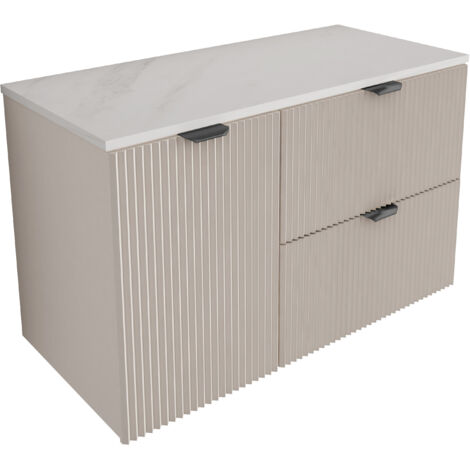 Meuble de salle de bain à façade rainurée 100 cm (60+40) avec panier à linge , cachemire , plateau en marbre blanc (MDF) avec poignée noire , 100 × 47 × 60 cm