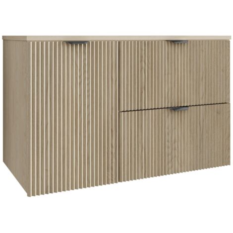 Meuble de salle de bain à façade rainurée 100 cm (60+40) avec panier à linge , chêne crémone (MDF) avec poignée noire , 100 × 47 × 60 cm