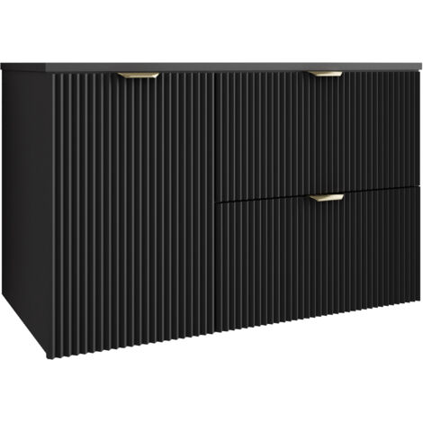 Meuble de salle de bain à façade rainurée 100 cm (60+40) avec panier à linge , noir avec poignée dorée , 100 × 47 × 60 cm