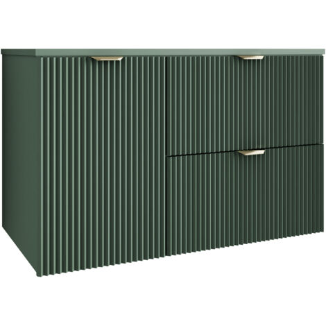 Meuble de salle de bain à façade rainurée 100 cm (60+40) avec panier à linge , vert avec poignée dorée , 100 × 47 × 60 cm
