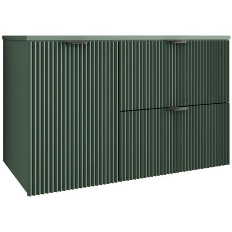 Meuble de salle de bain à façade rainurée 100 cm (60+40) avec panier à linge , vert avec poignée noire , 100 × 47 × 60 cm