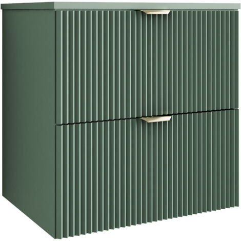 Meuble de salle de bain à façade rainurée de 60 cm avec 2 tiroirs , vert avec poignée dorée , 60 × 47 × 60 cm