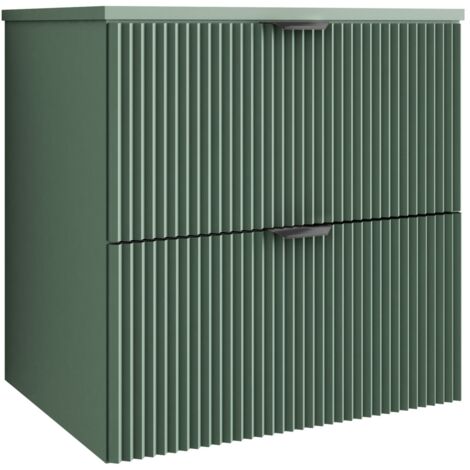 Meuble de salle de bain à façade rainurée de 60 cm avec 2 tiroirs , vert avec poignée noire , 60 × 47 × 60 cm
