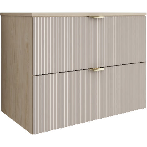 Meuble de salle de bain à façade rainurée de 80 cm avec 2 tiroirs , noyer clair (MDF) , façade cachemire et poignée dorée , 80 × 47 × 60 cm