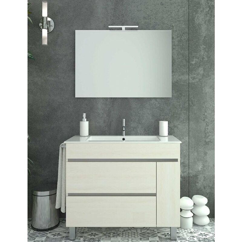 Ducha - Meuble de salle de bain à poser hémera avec miroir et lavabo - 2 tiroirs avec poignée à gorge et un espace de rangement avec porte - crème
