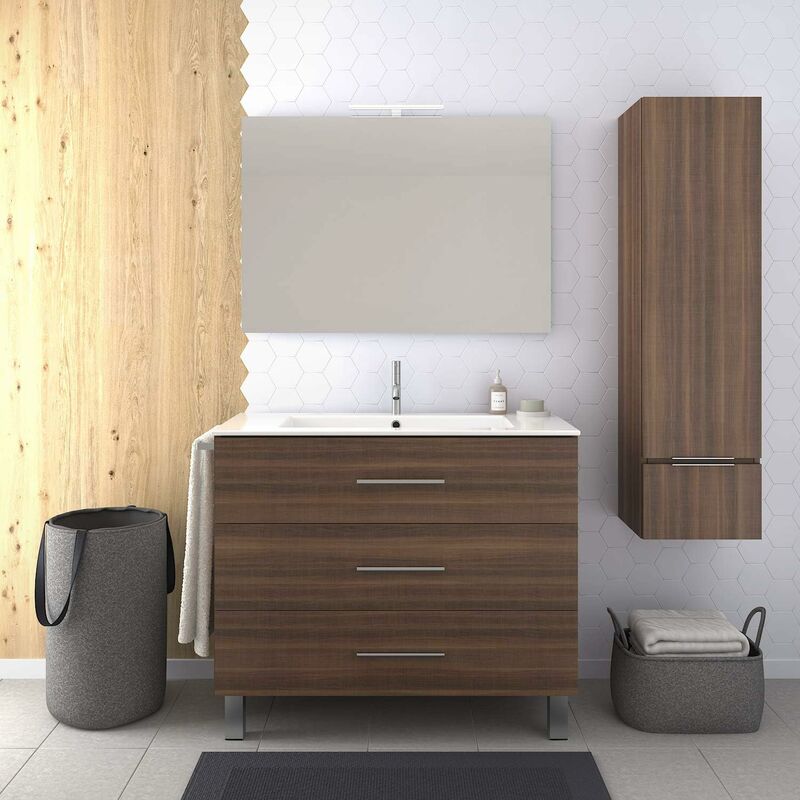 Ducha - Meuble de salle de bain à poser kayla avec miroir et lavabo - 3 tiroirs - frêne tea - 60CM avec colonne assortie