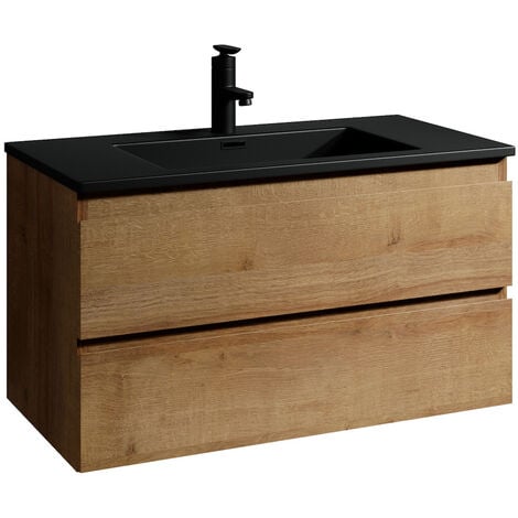 Meuble de salle de bain Angela 100 cm - lavabo noir - Chêne - Meuble bas meuble vasque meuble vasque - Chene