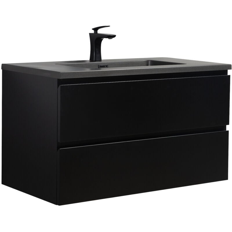 Badplaats - Meuble de salle de bain Angela 90 cm - lavabo noir - Noir mat -