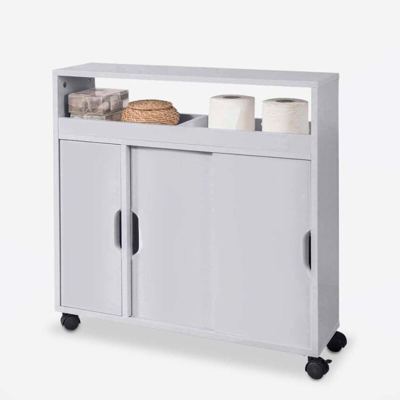 Meuble de salle de bain armoire à roulettes 2 portes coulissantes Kokua - Gris