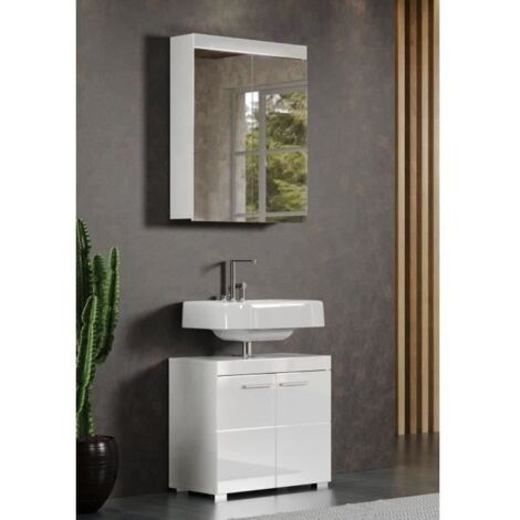 Meuble de salle de bain - Armoire de toilette - Miroir - 2 portes - Blanc - L60 x P17 x H77cm - AMANDA
