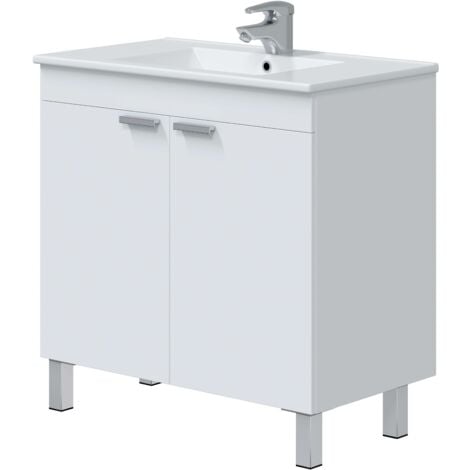 MIROYTENGO Meuble de salle de bain Atenea avec pieds, 2 portes pliantes, blanc brillant, 80 cm (sans lavabo)