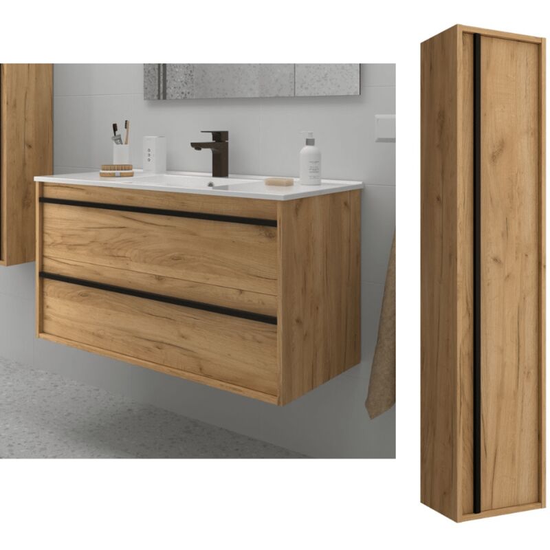 Salgar - Meuble de salle de bain Dimensions 100 cm Couleur Chêne africain Miroir Sans miroir Colonne de rangement Avec colonne