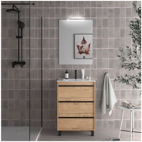 Meuble de salle de bain au sol 60 cm en chêne massif avec lavabo en porcelaine - Astoria - 60 cm Avec double colonne miroir et lampe à LED - Misura: 60 cm - Accessorio: Standard