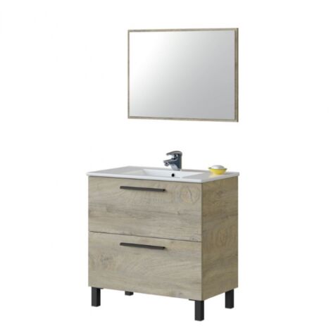 Meuble de salle de bain au sol 80 cm 2 tiroirs chêne clair avec miroir et lavabo encastré – Double colonne avec lampe LED – Bagno