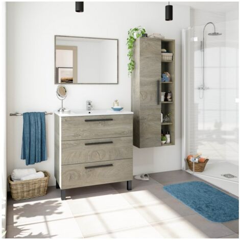 Meuble de salle de bain au sol 80 cm chêne avec 3 tiroirs et miroir - Argentera - Chêne clair Standard