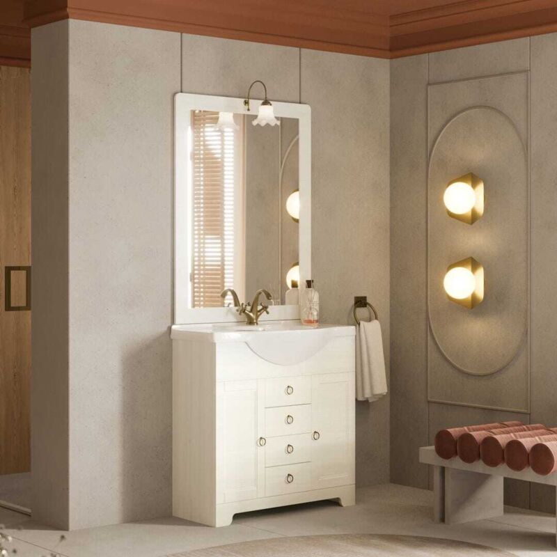 Kiamami Valentina - Meuble De Salle De Bain Au Sol 85Cm Blanc Décapé Avec Miroir Toscana