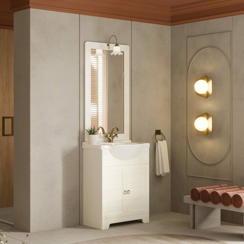 Kiamami Valentina - Meuble De Salle De Bain Au Sol Blanc Décapé 65Cm 2 Portes Toscana