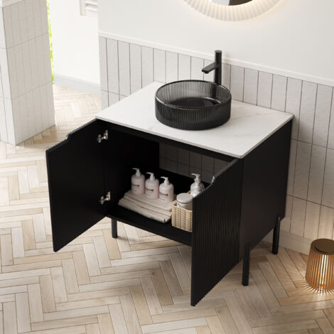 Meuble de salle de bain autoportant 76 cm lavabo verre rond noir. Plan Carrare blanc fritté,double porte contreplaqué couleur noire.