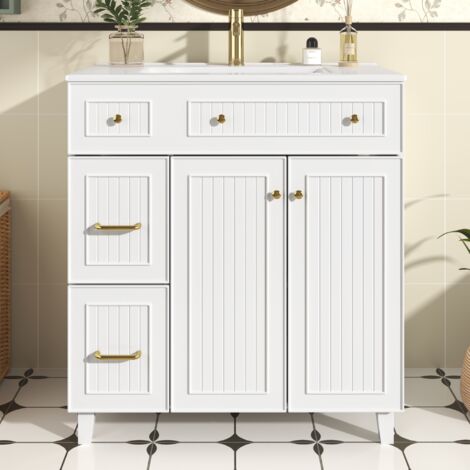 Meuble de salle de bain autoportant 81 cm, avec lavabo en céramique, finition laquée, espace de rangement multifonction, pieds en bois massif - Blanc