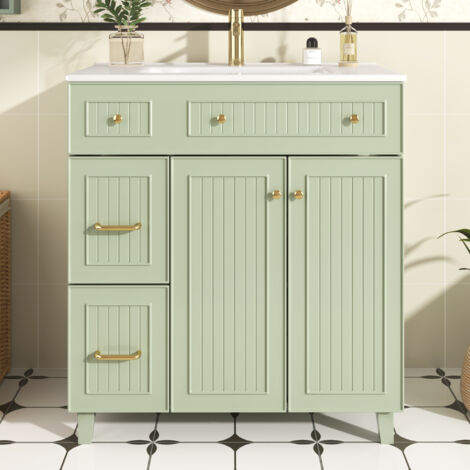 Meuble de salle de bain autoportant 81 cm, avec lavabo en céramique, finition laquée, espace de rangement multifonction, pieds en bois massif - Vert
