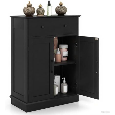Meuble de salle de bain autoportant avec 2 tiroirs et portes, meuble de salle de bain avec étagère réglable, meuble bas pour salle de bain, salon, cuisine (noir)
