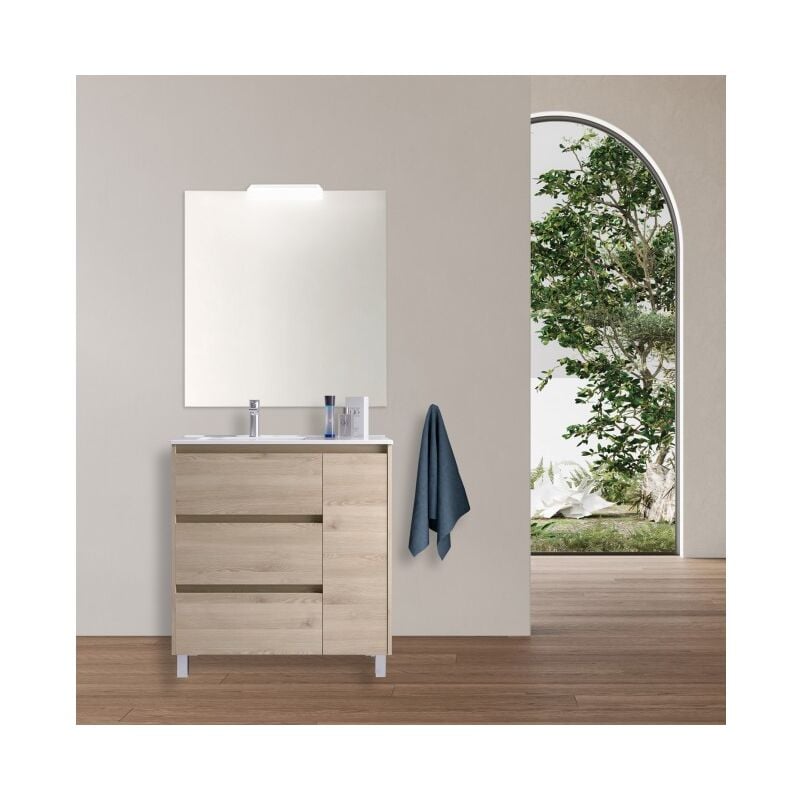 Meuble de salle de bain autoportant en bois naturel 85 cm avec vasque intégré - Nova - Standard
