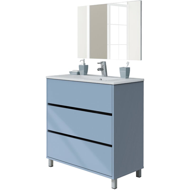 Meuble de salle de bain avec 3 portes coloris bleu azul - Hauteur 88 x Longueur 81 x Profondeur 47 cm Pegane