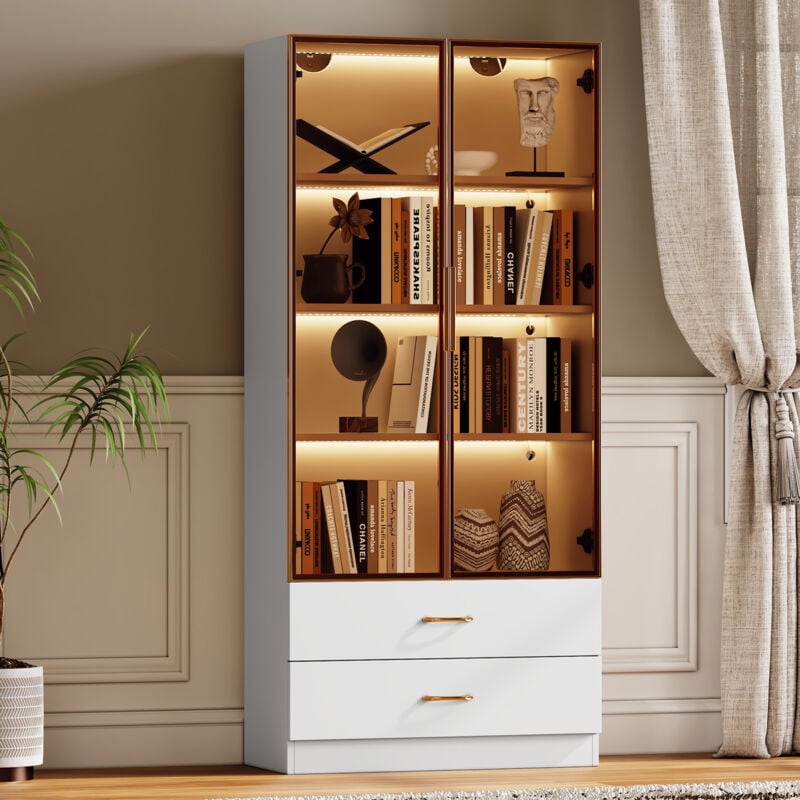 Redom - Meuble de salle de bain, avec bande lumineuse, largeur 75 cm, avec 2 grands tiroirs et 2 portes, porte vitrée, Blanc