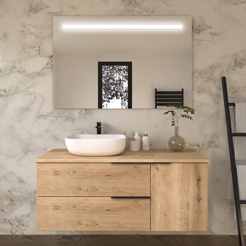 Cosyneo - Meuble de salle de bain avec vasque à poser arrondie - roble (chêne clair) - king et miroir Led stam - 120cm