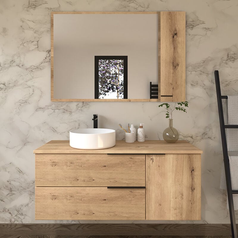 Cosyneo - Meuble de salle de bain avec vasque à poser ronde et armoirette - roble (chêne clair) - king - 120cm