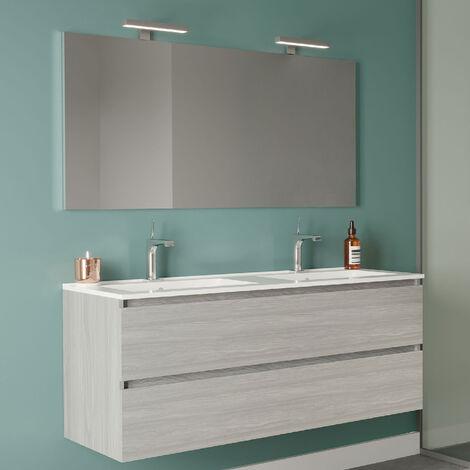 Meuble de salle de bain avec double vasque en céramique miroir et lampes 120 cm en Chêne Gris - Modèle Symmetry Classic 5